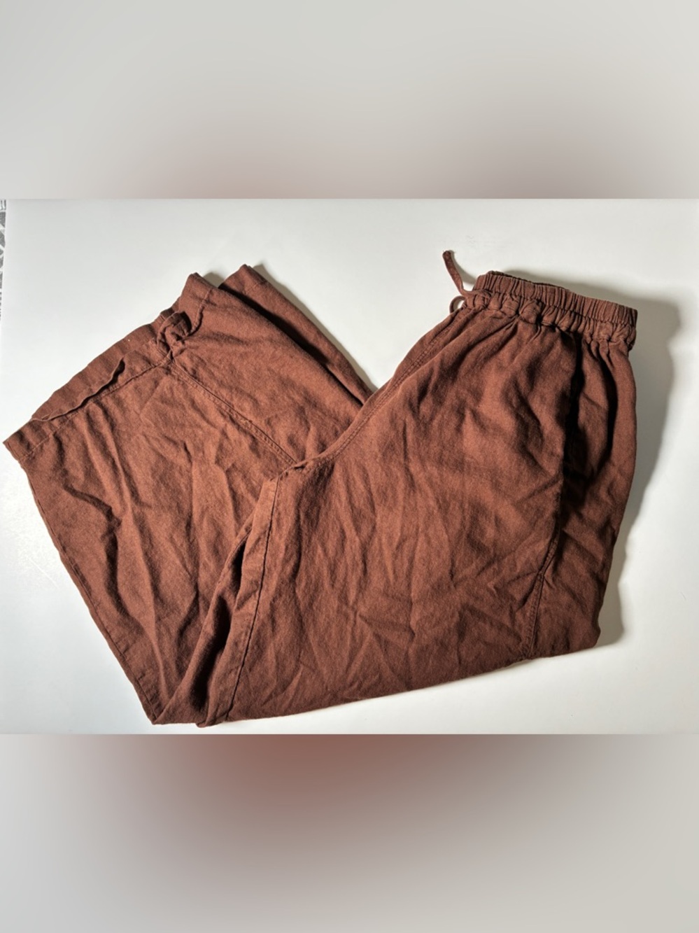 4our Dreamers Brown Wide Leg Drawstring Waist Linen Pants